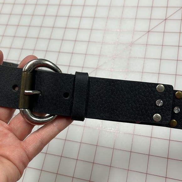 CALVIN KLEIN Moto Rhinestone Brass & Silver Stud/Buckle Black Leather Belt SZ XL - Picture 11 of 11
